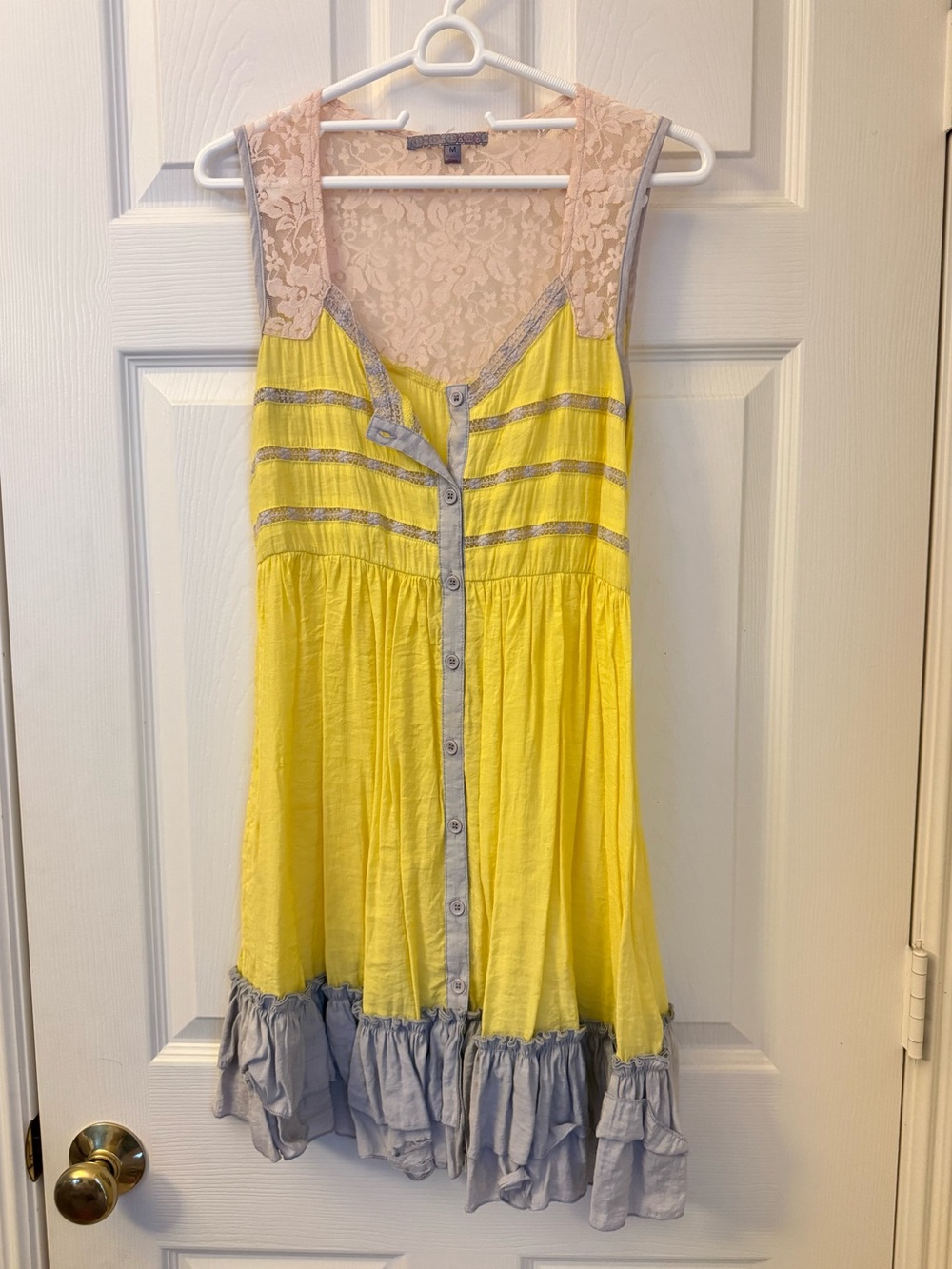 XOXO Yellow Sundress with Cream Lace and Gray Trim